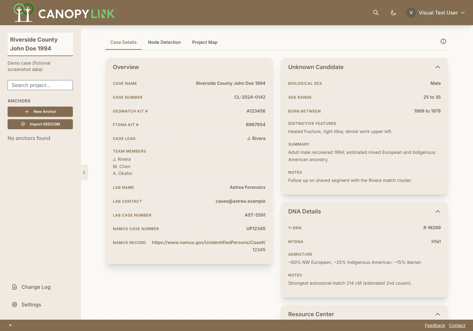 CanopyLink Case Details view: case number, DNA kits, Y-DNA and mtDNA haplogroups, NamUs record and pinned resources