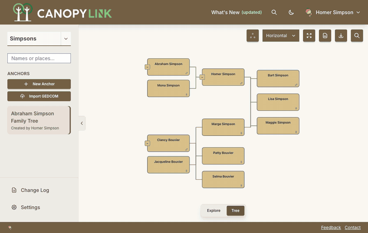 The Simpson family tree changing between the Default, Forest, Ocean, Plum, Rosewood and Slate color themes, in light and dark