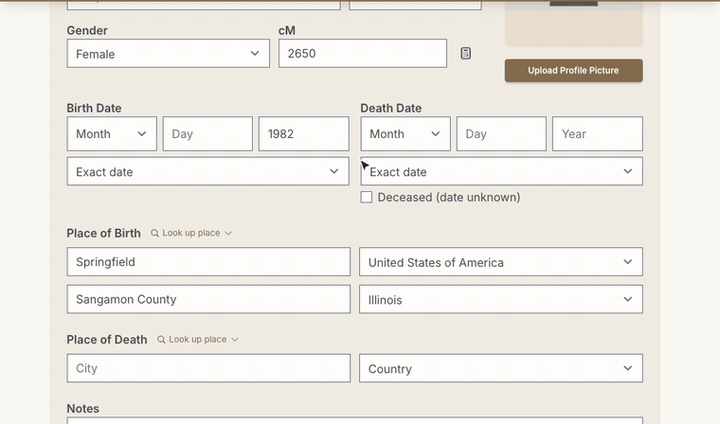 Typing Shelbyville into Place of Birth and picking Shelbyville, Shelby, Illinois from the list fills in the county and state